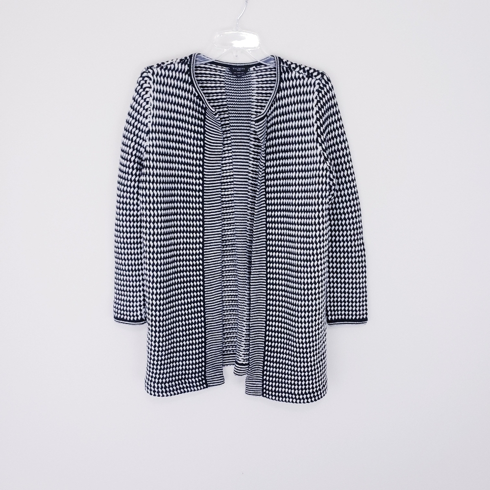 Talbots Black and White Open Front 100% Pure Merino Wool Long Cardigan Medium P